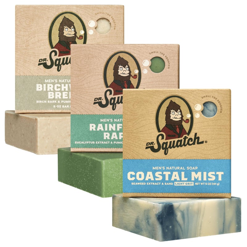 Dr Squatch Natural Bar Soap for Men  Cold Process Soap with No Harsh Chemicals  Birchwood Breeze Rainforest Rapids  Coastal Mist 5 oz 3Pack